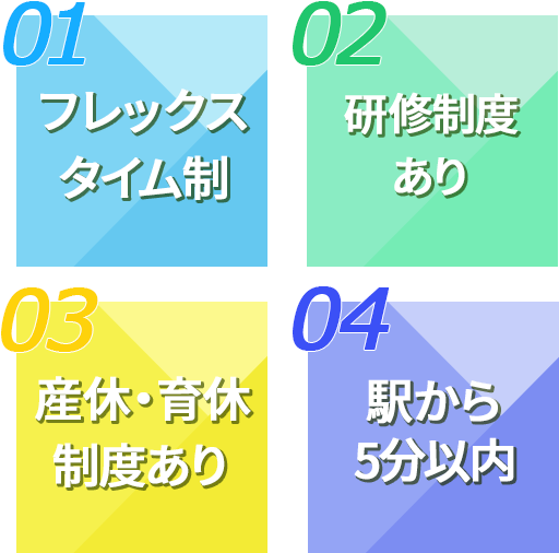 フレックスタイム制、研修制度あり、産休・育休制度あり、駅から5分以内